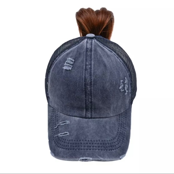 NWT “Perfectly Imperfect”Leather Patch Distressed Ponytail Trucker Hat - Picture 12 of 15